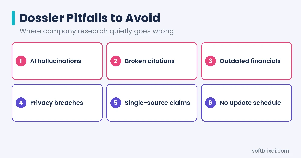 Common research dossier mistakes to avoid: AI hallucinations, broken citations, outdated financials, privacy breaches and single-source claims