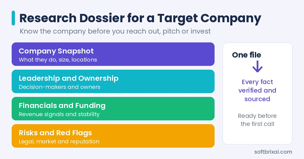 Research dossier for a target company: company snapshot, leadership and ownership, financials and funding, and risks in one verified file
