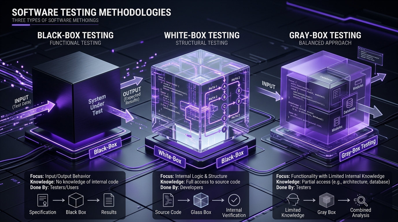 Black Box vs White Box vs Gray Box Testing Comparison Diagram