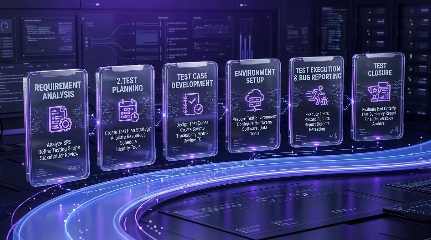 Software Testing Life Cycle STLC 6-Stage Pipeline Infographic