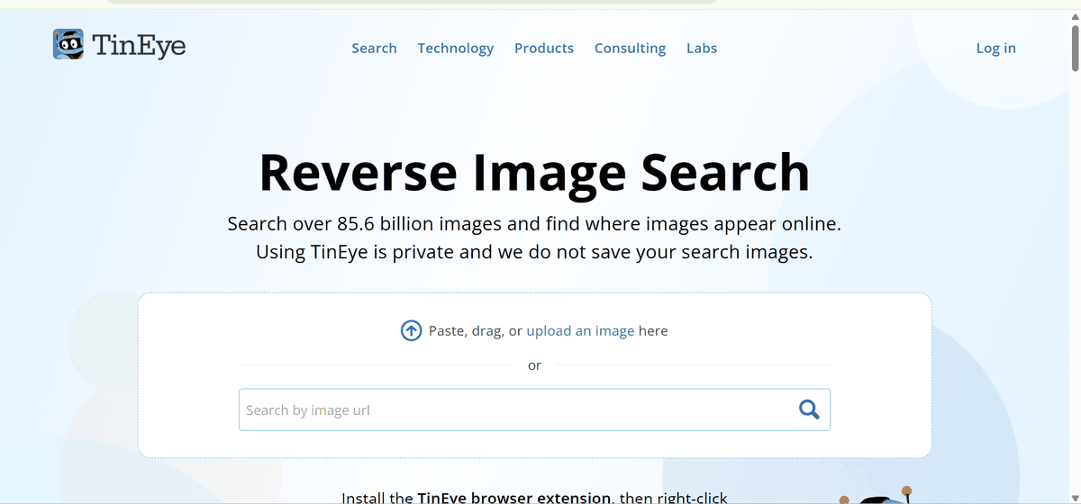 TinEye reverse image search homepage with the upload panel and the search by image URL field