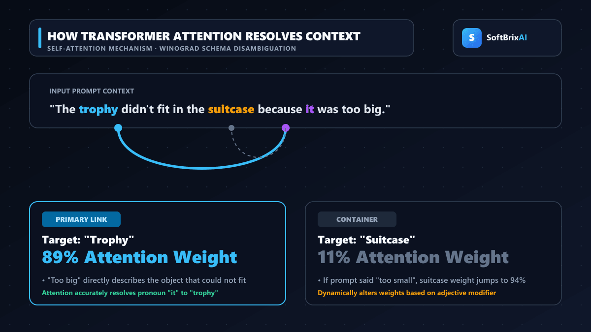 Self-attention mechanism disambiguating context in large language models showing attention weights between pronouns and target nouns with SoftBrixAI branding