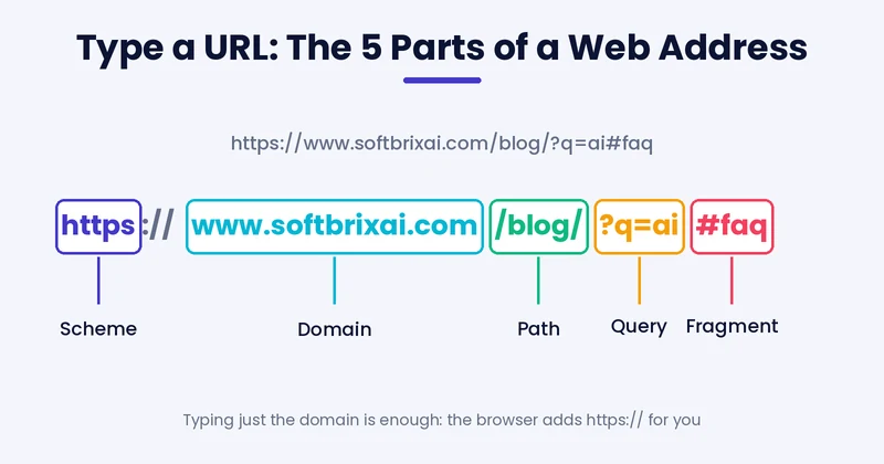 type a url: the 5 parts of a web address, scheme, domain, path, query and fragment