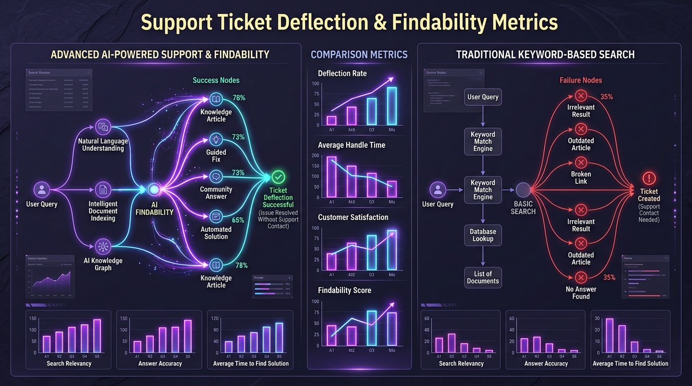Support Ticket Deflection and Findability Metrics Diagram