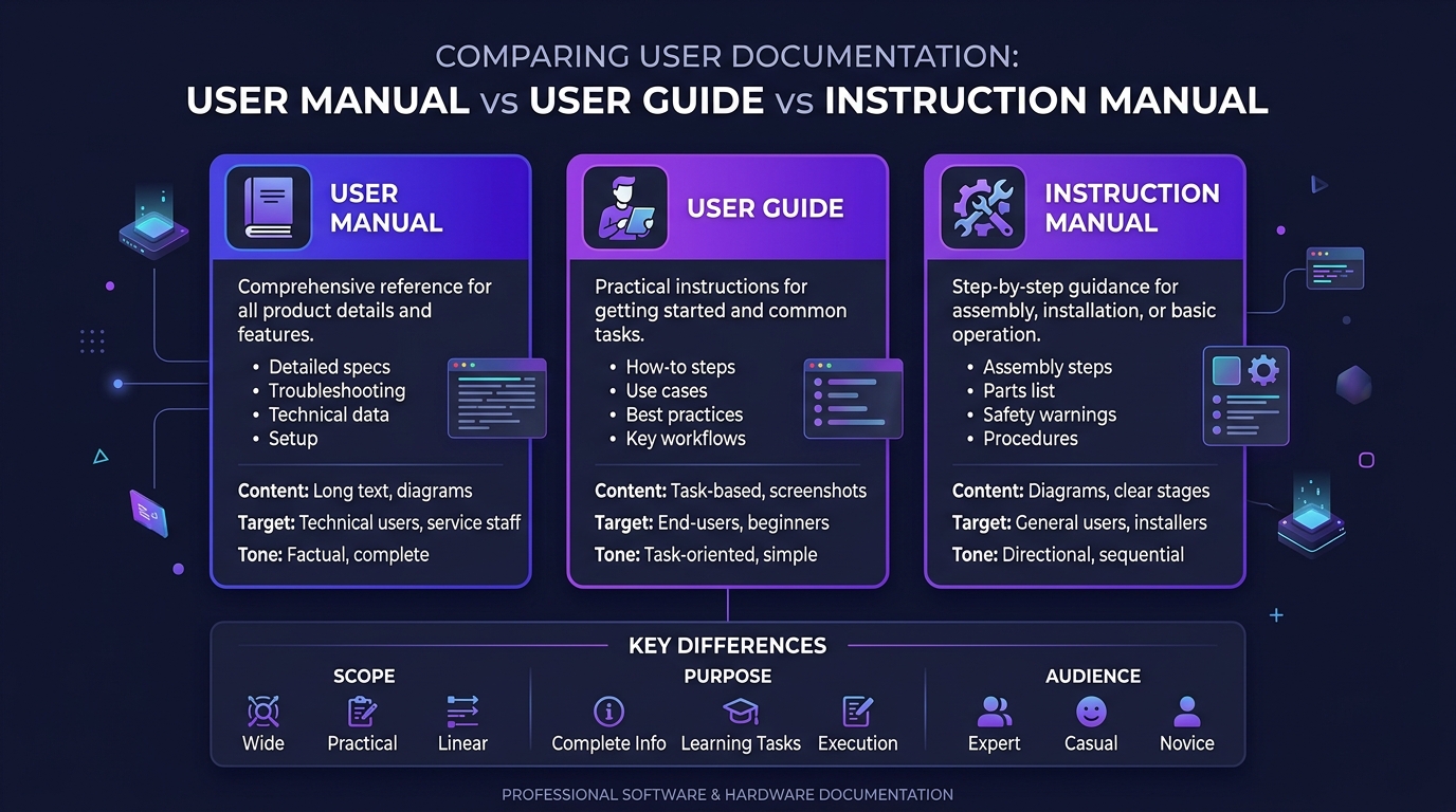 User Manual vs User Guide vs Instruction Manual Comparison Matrix