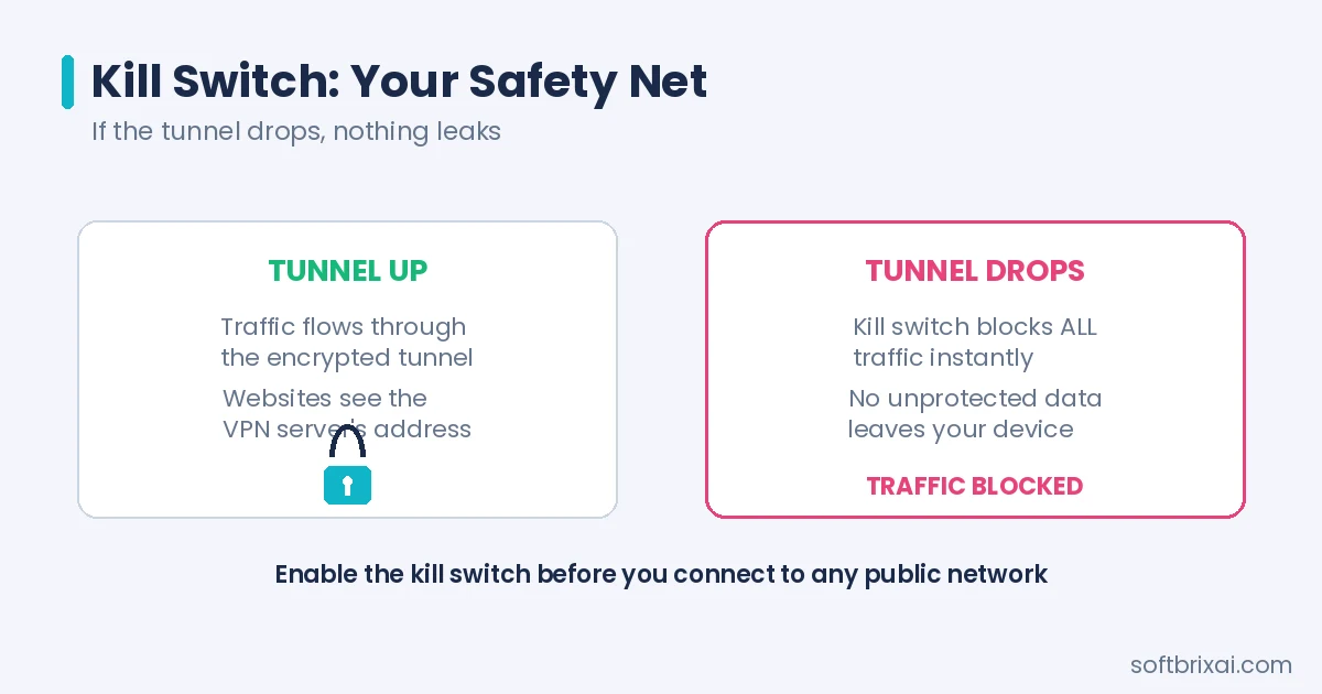Kill switch safety net - when the VPN tunnel drops, all traffic is blocked instantly