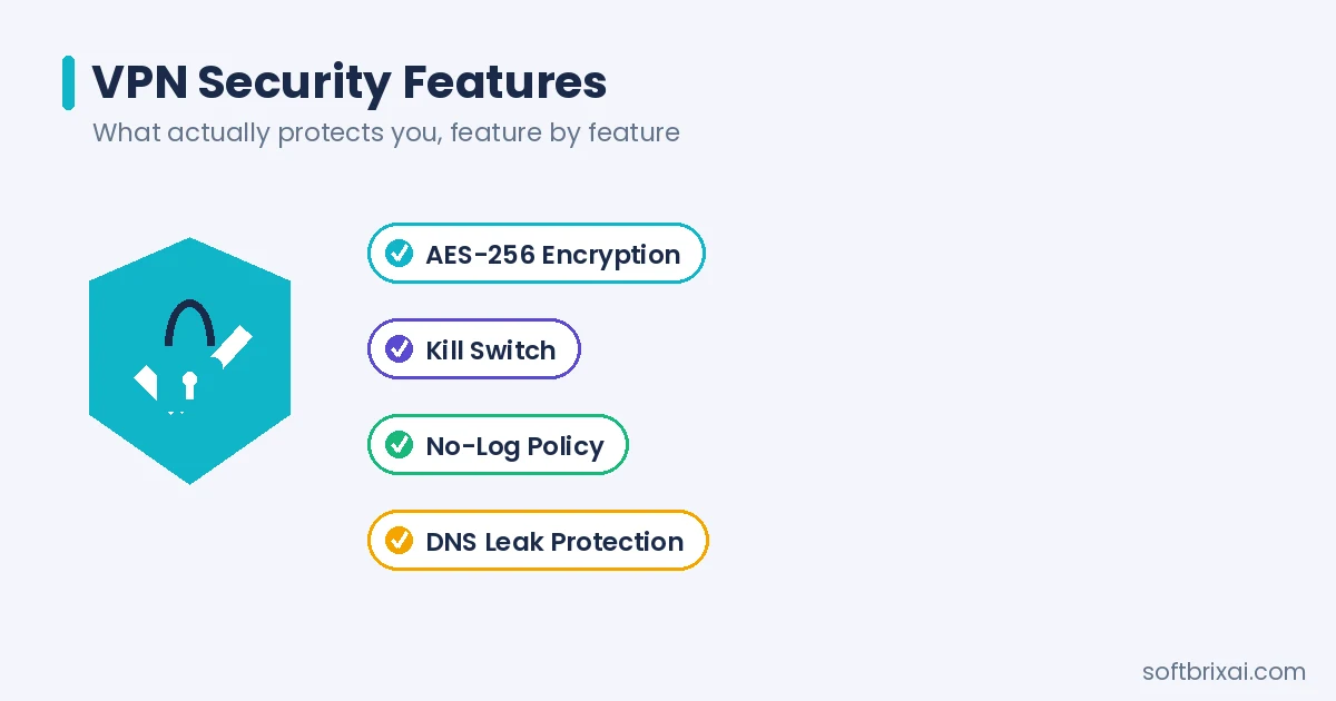 VPN security features - AES-256 encryption, kill switch, no-log policy and DNS leak protection