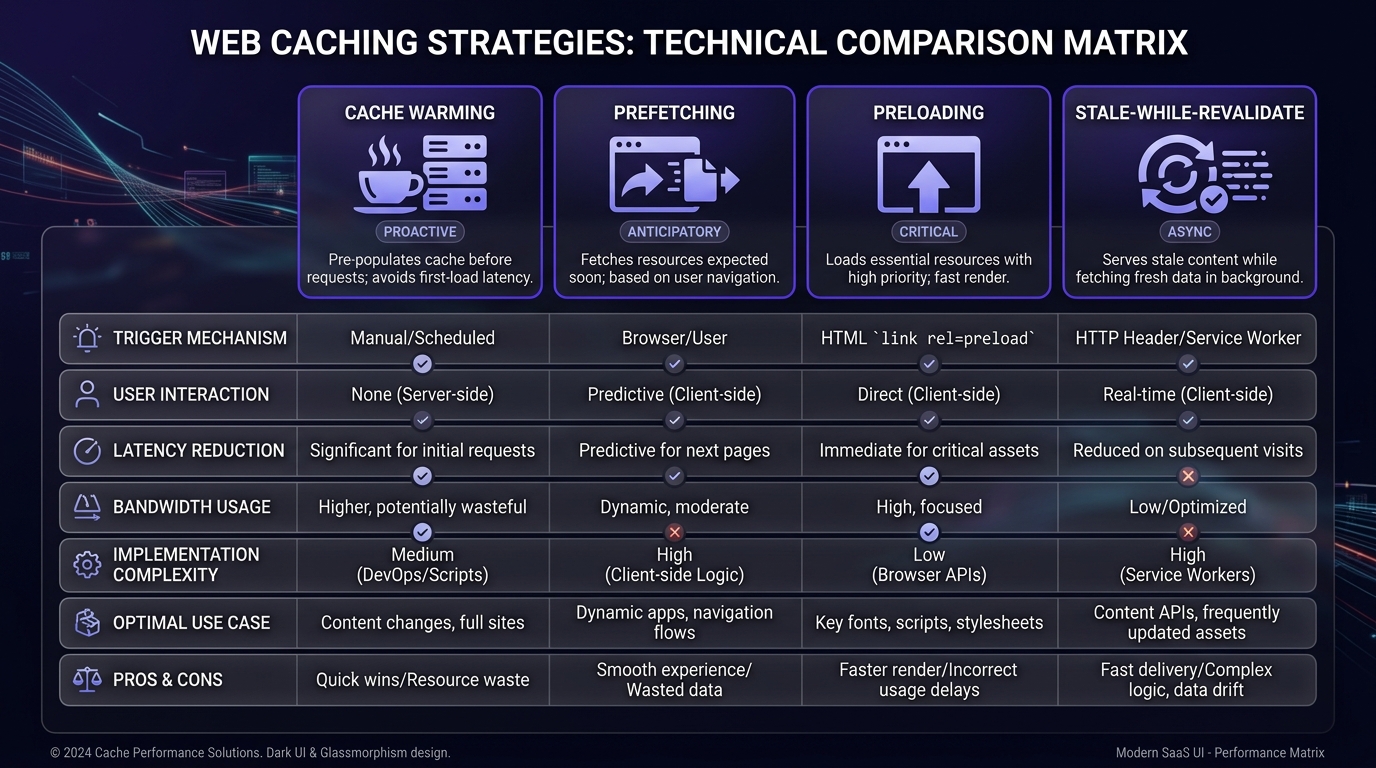Cache Warming vs Prefetching vs Preloading vs Stale-While-Revalidate Matrix