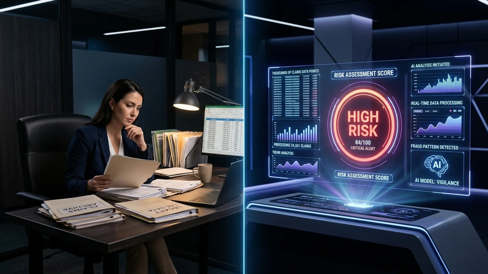 Illustration of an insurance claims adjuster reviewing historical case files alongside a trained AI model interface predicting risk