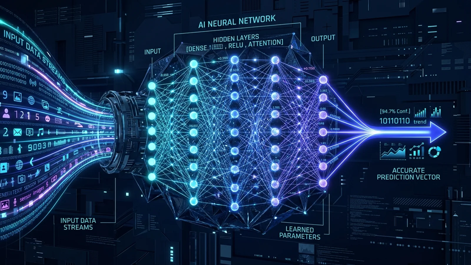 Futuristic 3D visualization of artificial intelligence model architecture with input data streams, neural hidden layers, parameter weights, and prediction vector