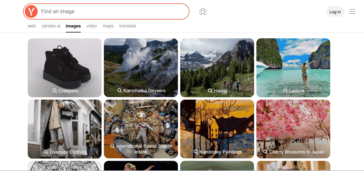 Yandex Images search page with the camera icon used for face and landmark reverse image search